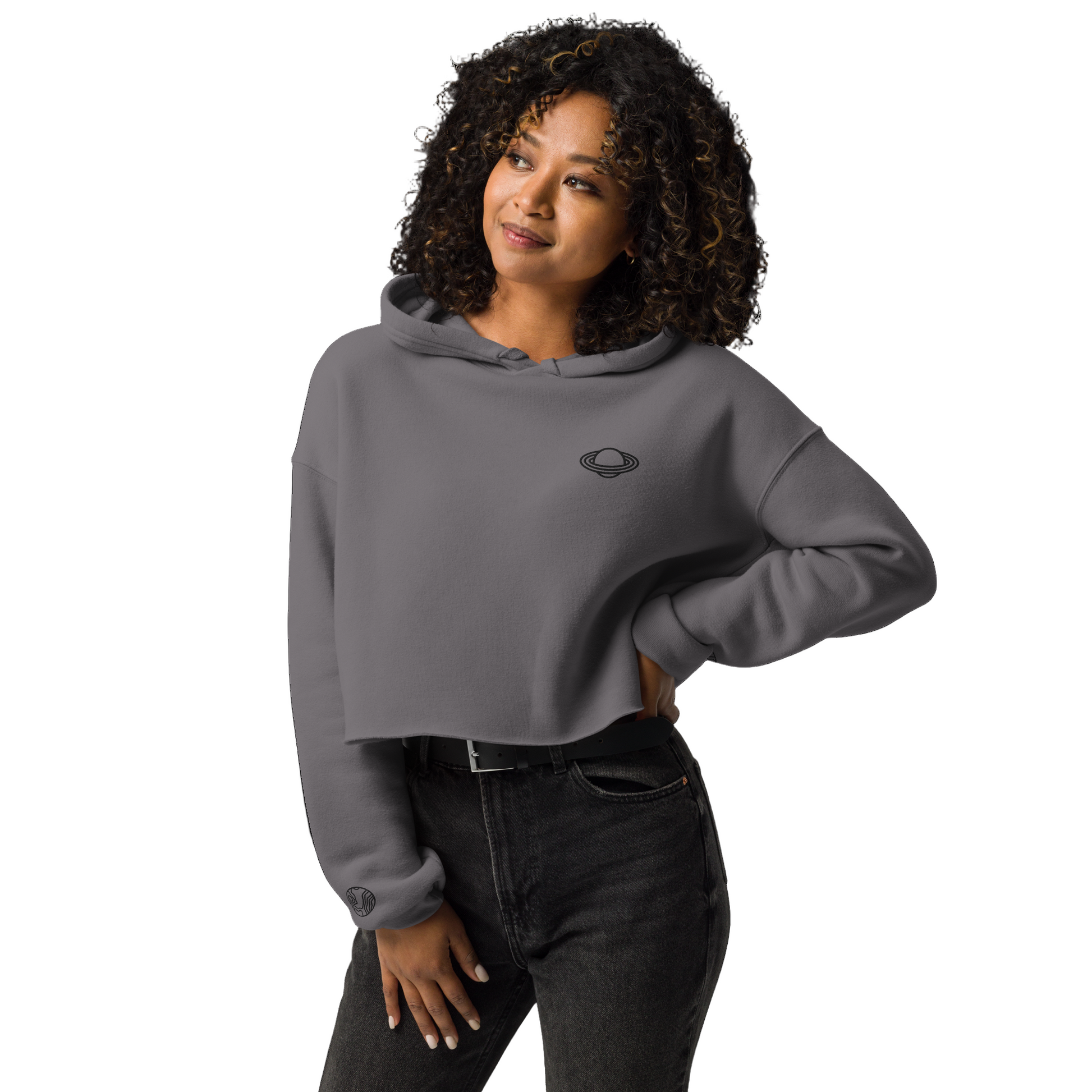 Women's cropped hoodie in storm gray color - front view showing trendy cropped design and comfortable fit
