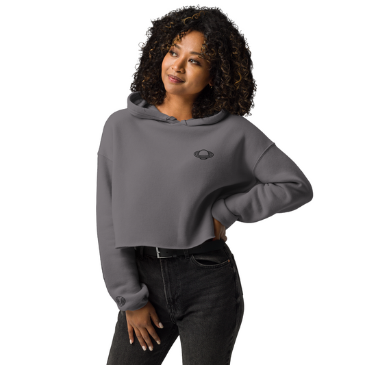 Women's cropped hoodie in storm gray color - front view showing trendy cropped design and comfortable fit

