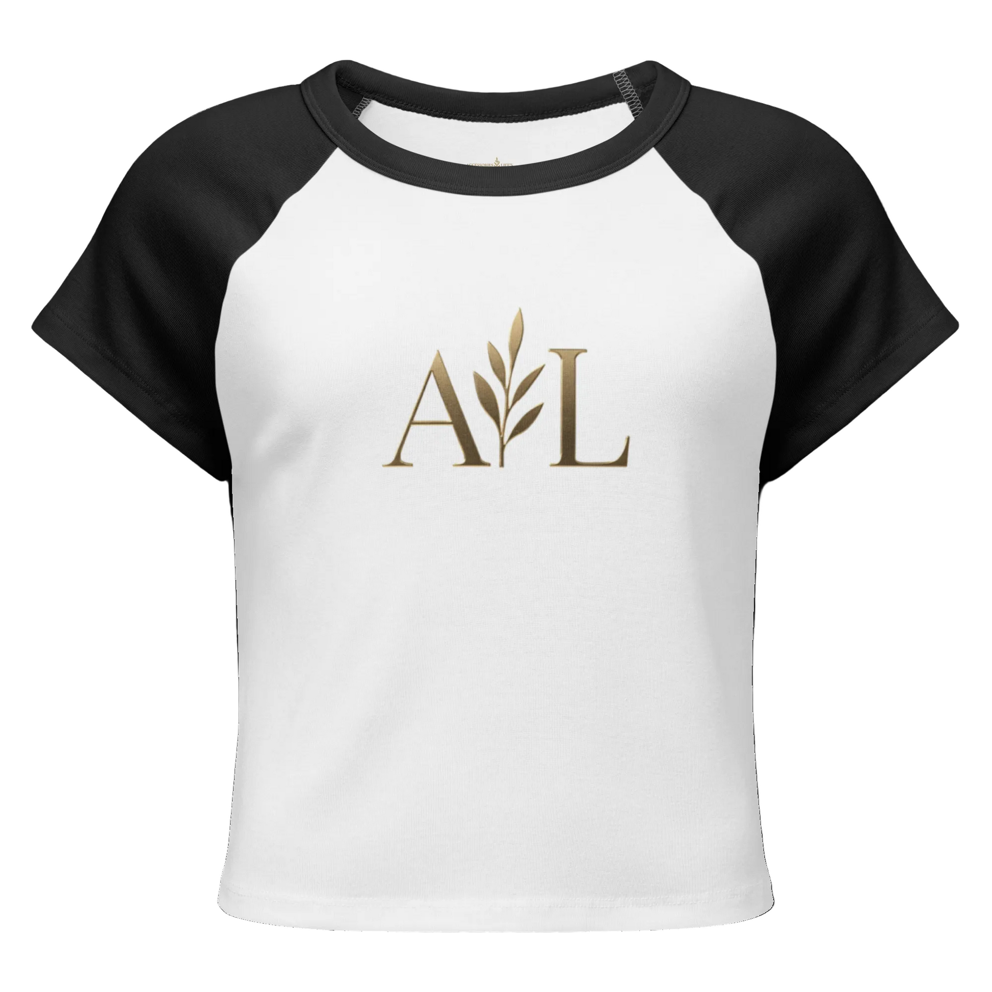 Women's micro rib raglan baby tee white with black sleeves front view
