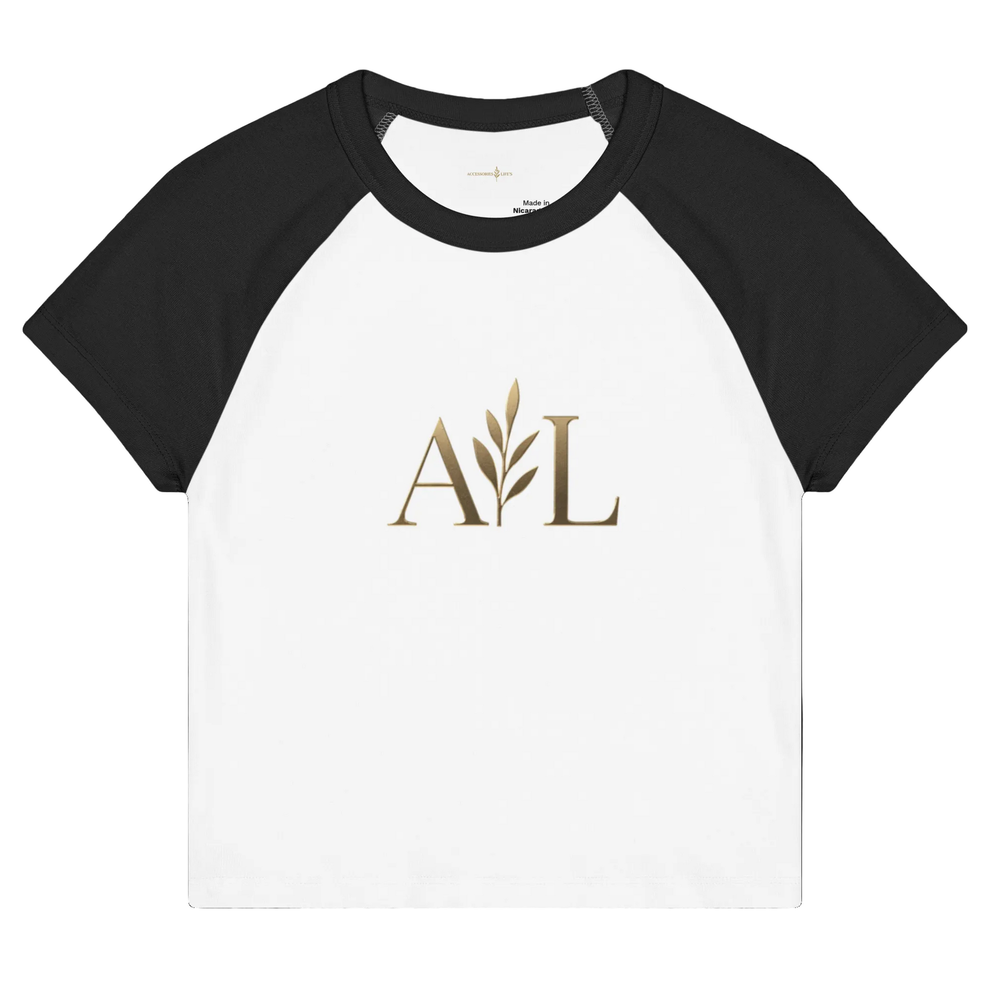 Fitted women's baby tee with contrast raglan sleeves close-up front
