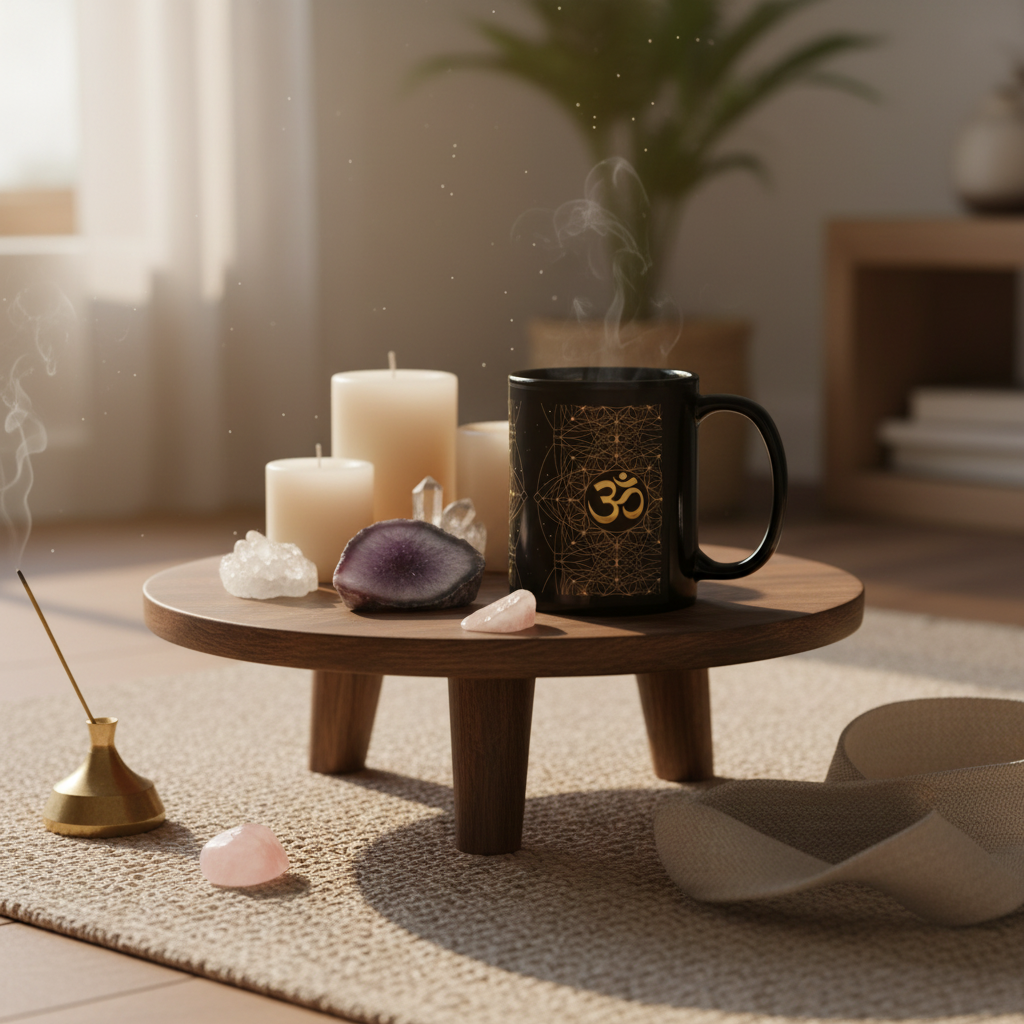 OM mug on meditation table with crystals and candles - spiritual lifestyle
